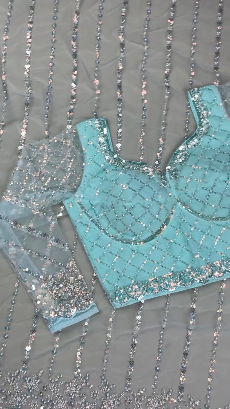 Astra Glacial Blue Sequin-Encrusted Net Saree with Designer Blouse - Image 6