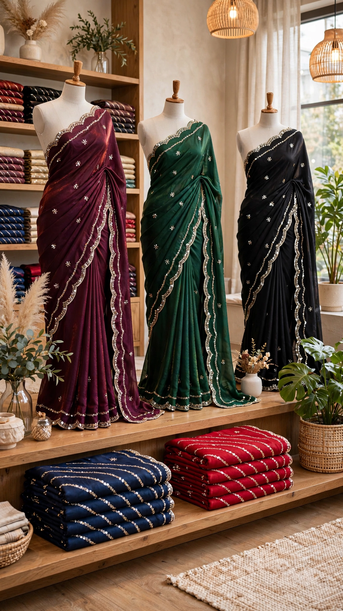Enchanting Sequined Scalloped Border Saree Set – Available in Deep Plum, Emerald Green, Midnight Black, Rustic Orange, Blush Pink & Cream White