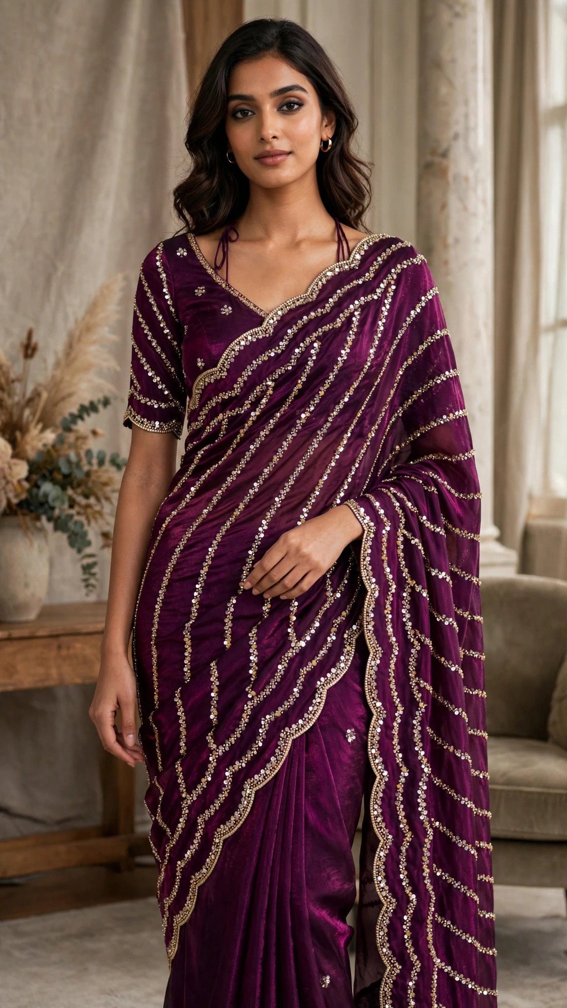 Enchanting Sequined Scalloped Border Saree Set – Available in Deep Plum, Emerald Green, Midnight Black, Rustic Orange, Blush Pink & Cream White - Image 2