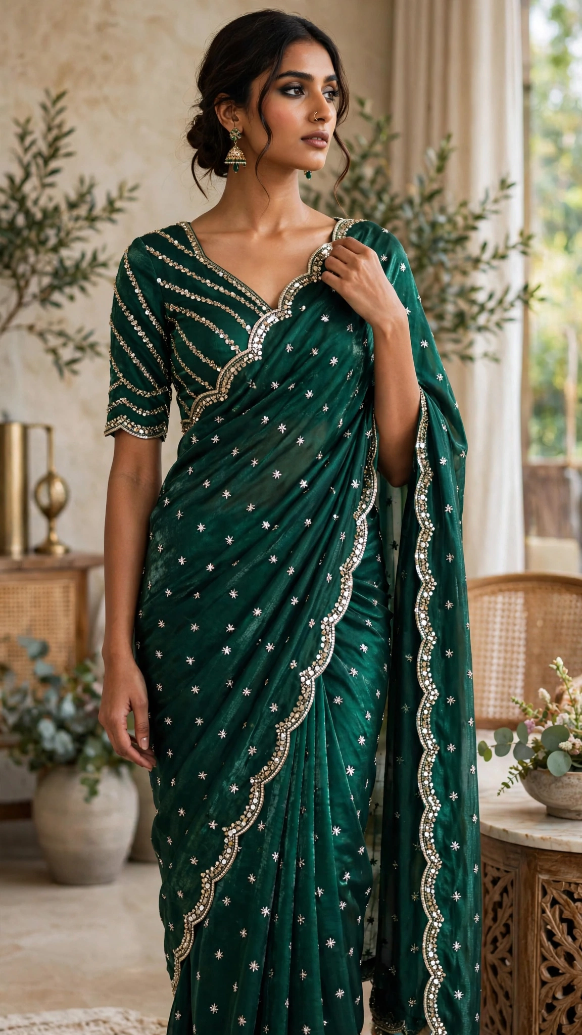 Enchanting Sequined Scalloped Border Saree Set – Available in Deep Plum, Emerald Green, Midnight Black, Rustic Orange, Blush Pink & Cream White - Image 3