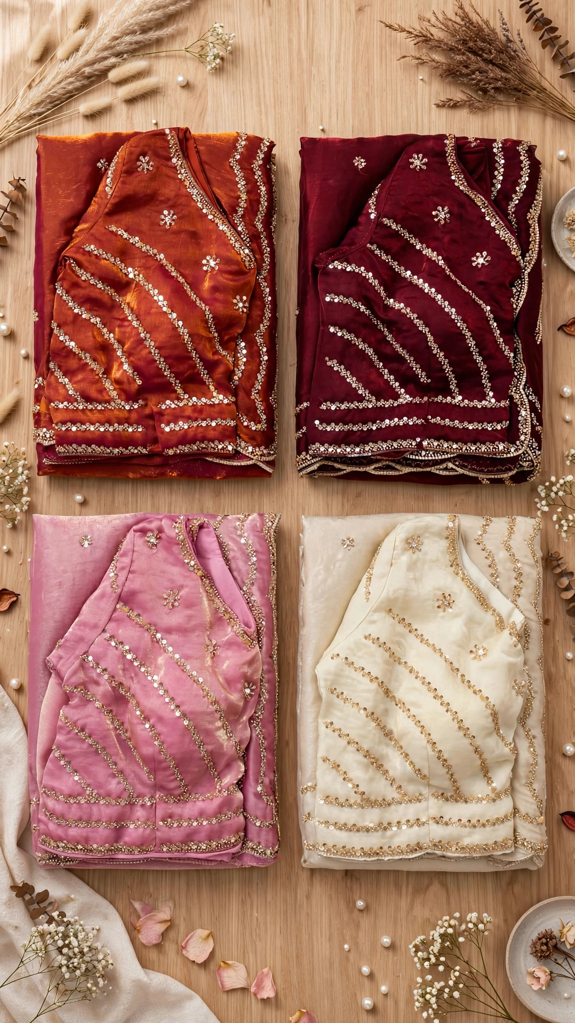 Enchanting Sequined Scalloped Border Saree Set – Available in Deep Plum, Emerald Green, Midnight Black, Rustic Orange, Blush Pink & Cream White - Image 5