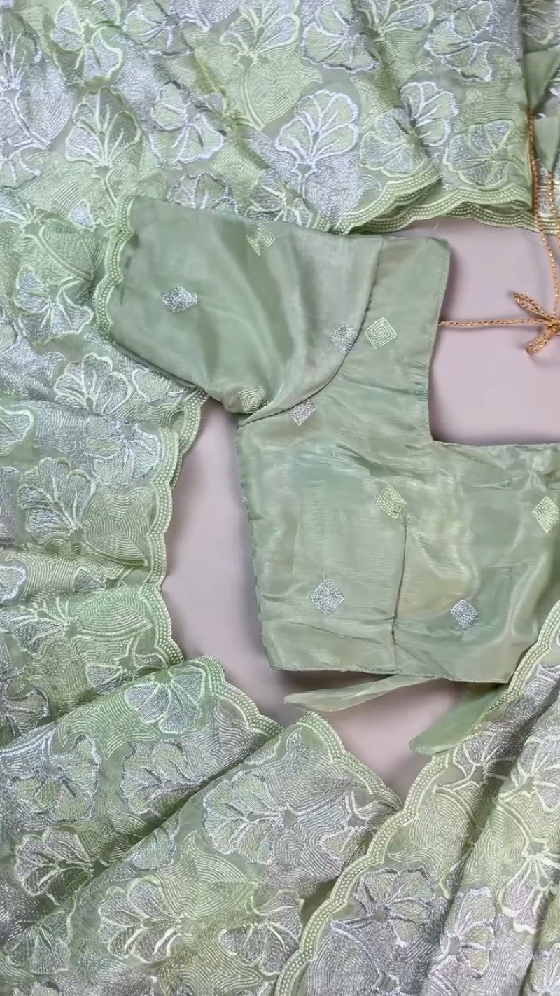 Ethereal Sage Green Embroidered Chanderi Saree with Tie-Back Blouse