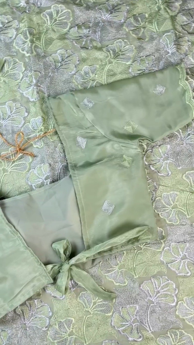 Ethereal Sage Green Embroidered Chanderi Saree with Tie-Back Blouse - Image 4