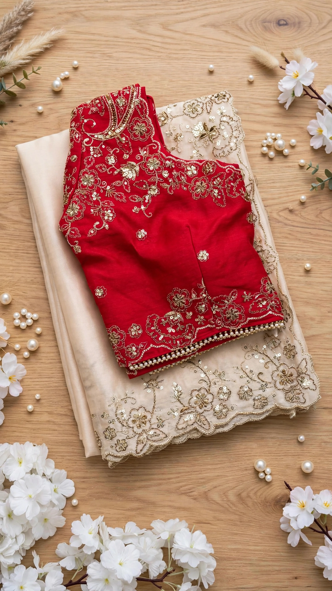 Ivory Elegance Floral Embellished Saree with Red Heritage Blouse - Image 5