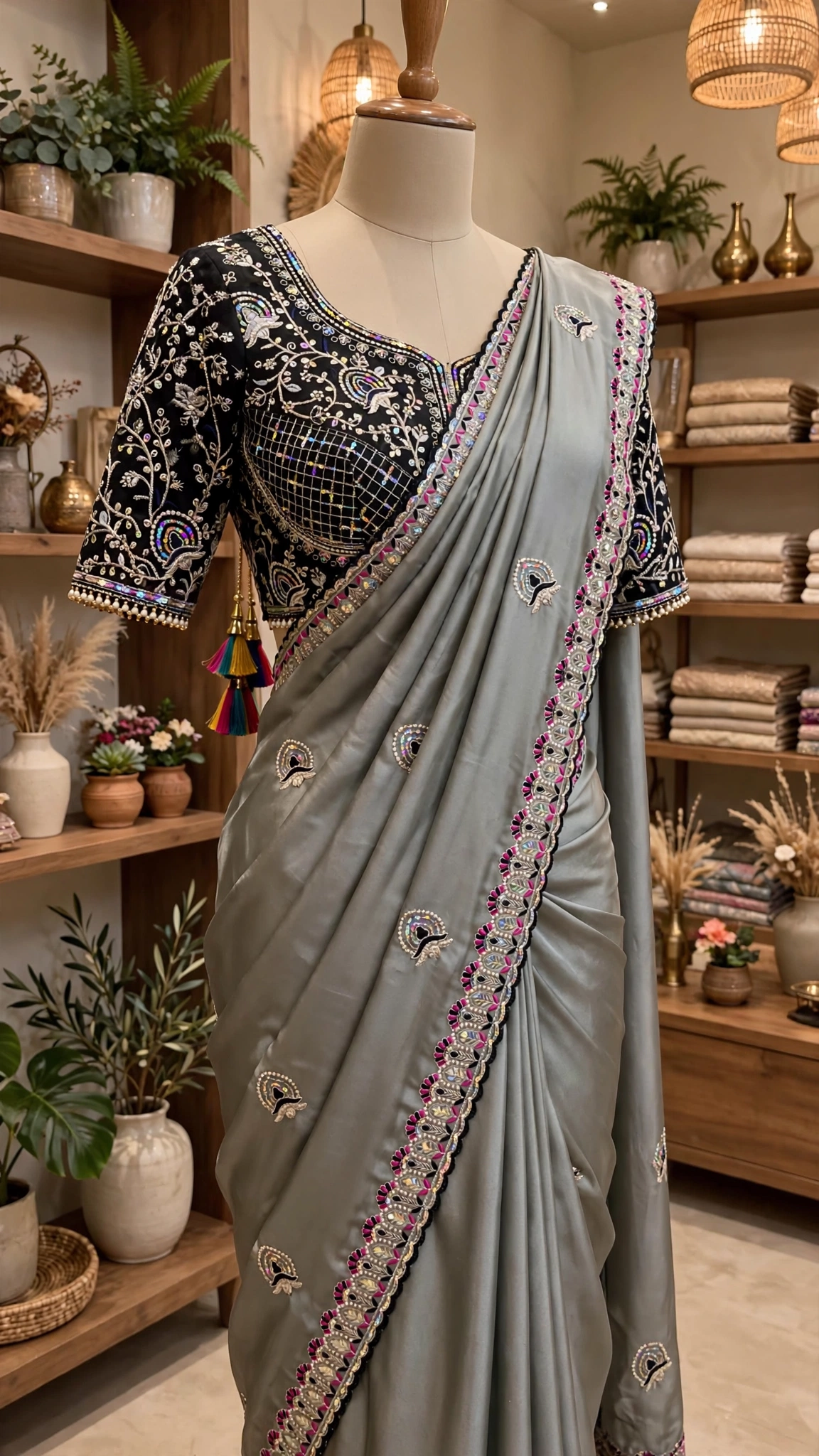 Midnight Allure Embroidered Saree with Draped Blouse – Slate Grey Elegance - Image 2