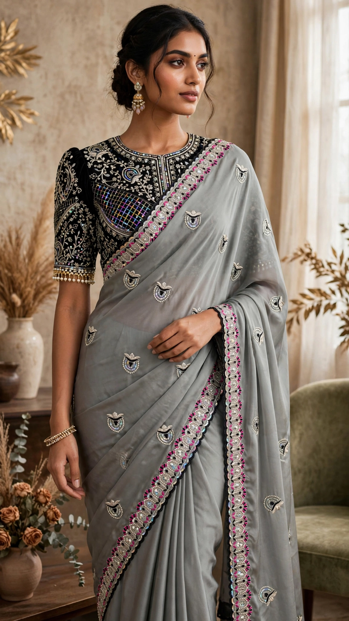 Midnight Allure Embroidered Saree with Draped Blouse – Slate Grey Elegance - Image 3