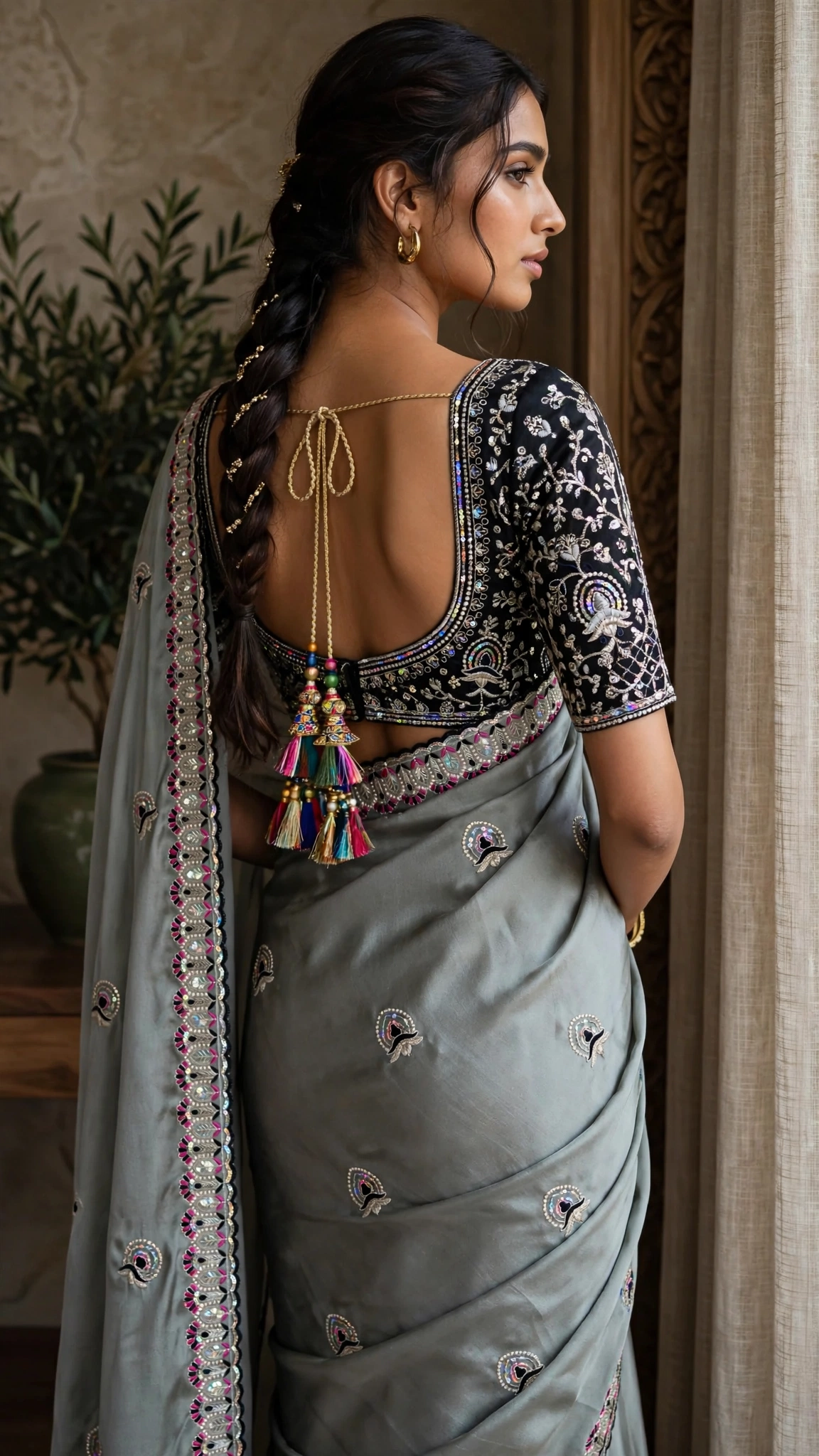 Midnight Allure Embroidered Saree with Draped Blouse – Slate Grey Elegance - Image 4