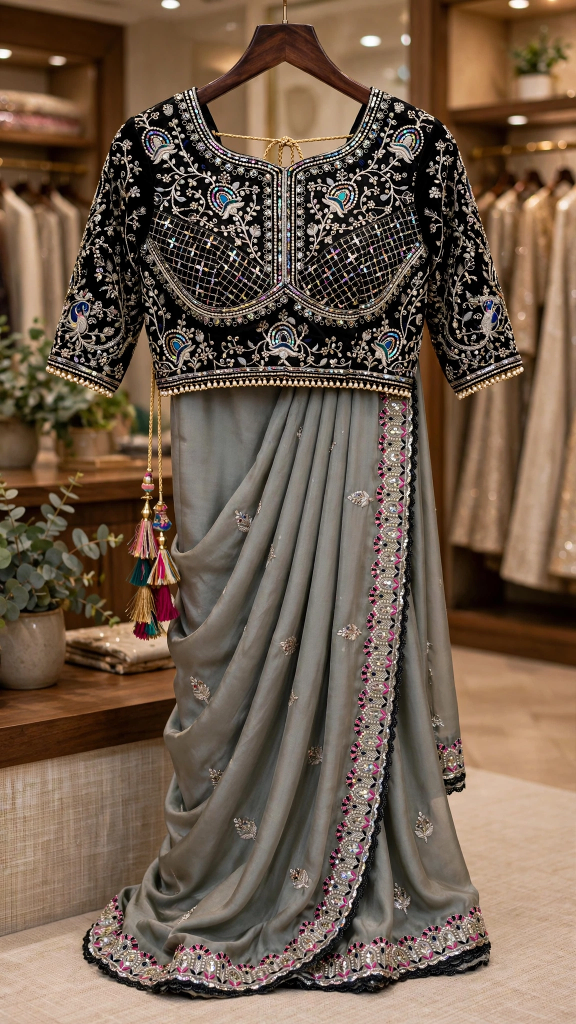 Midnight Allure Embroidered Saree with Draped Blouse – Slate Grey Elegance