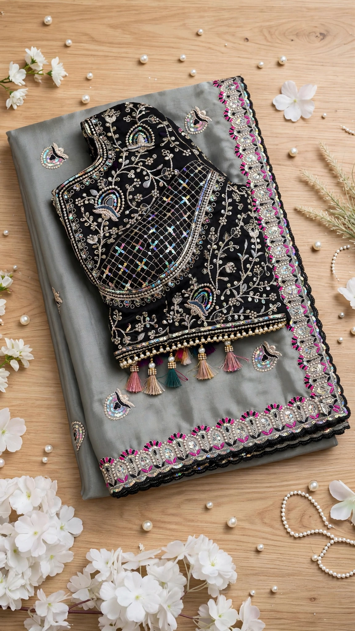 Midnight Allure Embroidered Saree with Draped Blouse – Slate Grey Elegance - Image 5