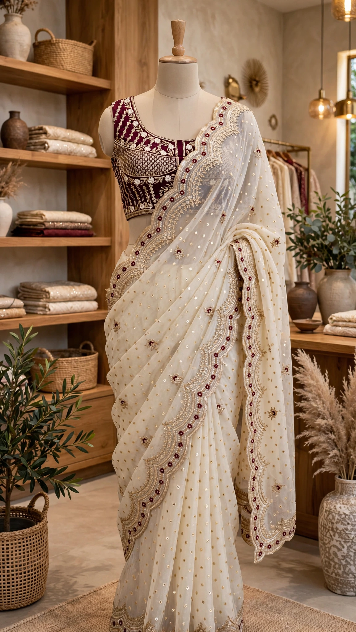 Ivory Embellished Organza Saree with Embroidered Velvet Blouse – Festive Elegance Collection - Image 2