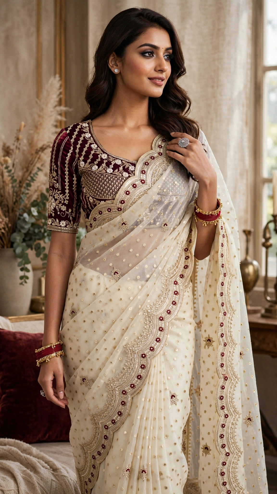 Ivory Embellished Organza Saree with Embroidered Velvet Blouse – Festive Elegance Collection - Image 3
