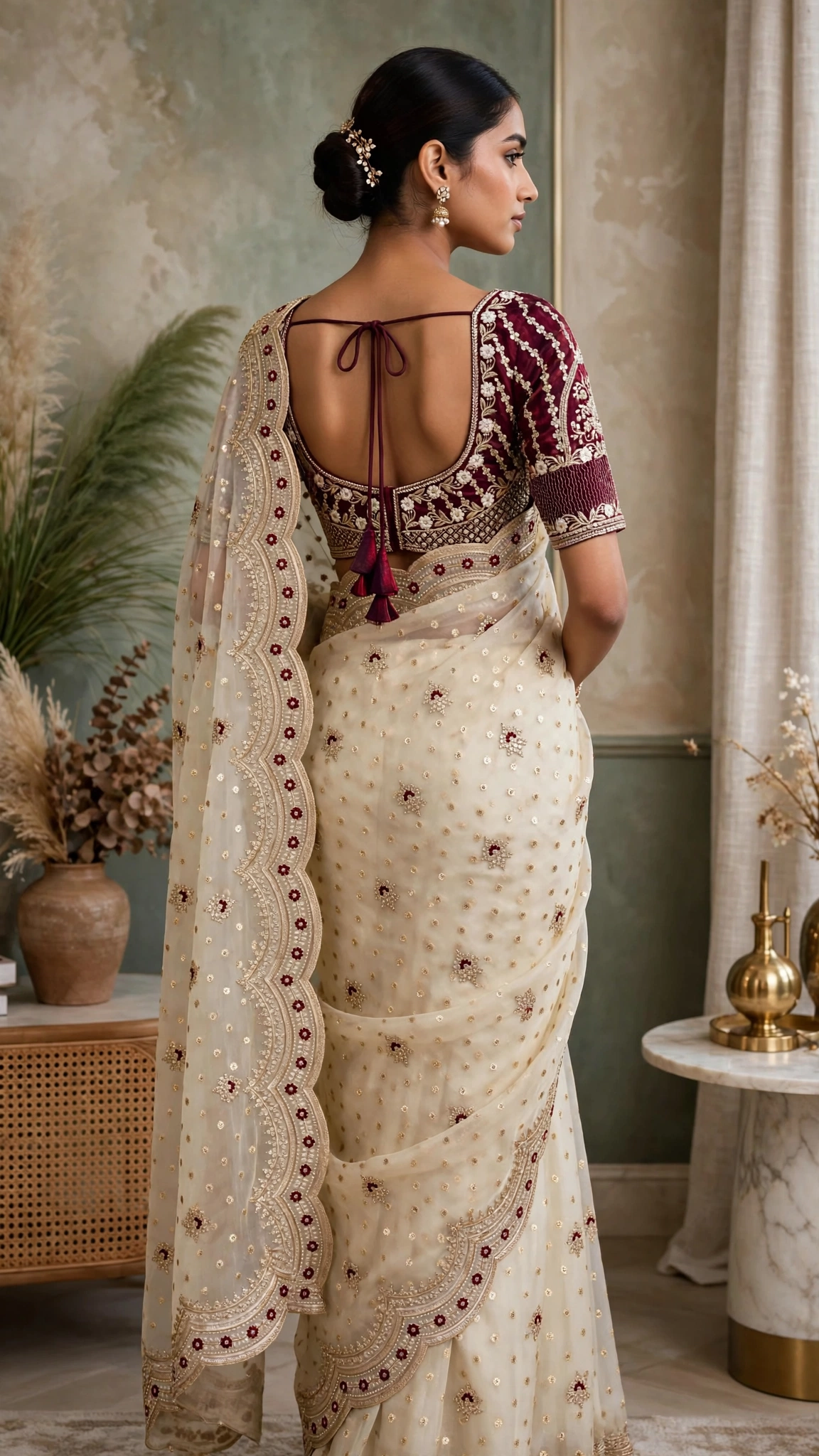 Ivory Embellished Organza Saree with Embroidered Velvet Blouse – Festive Elegance Collection - Image 4