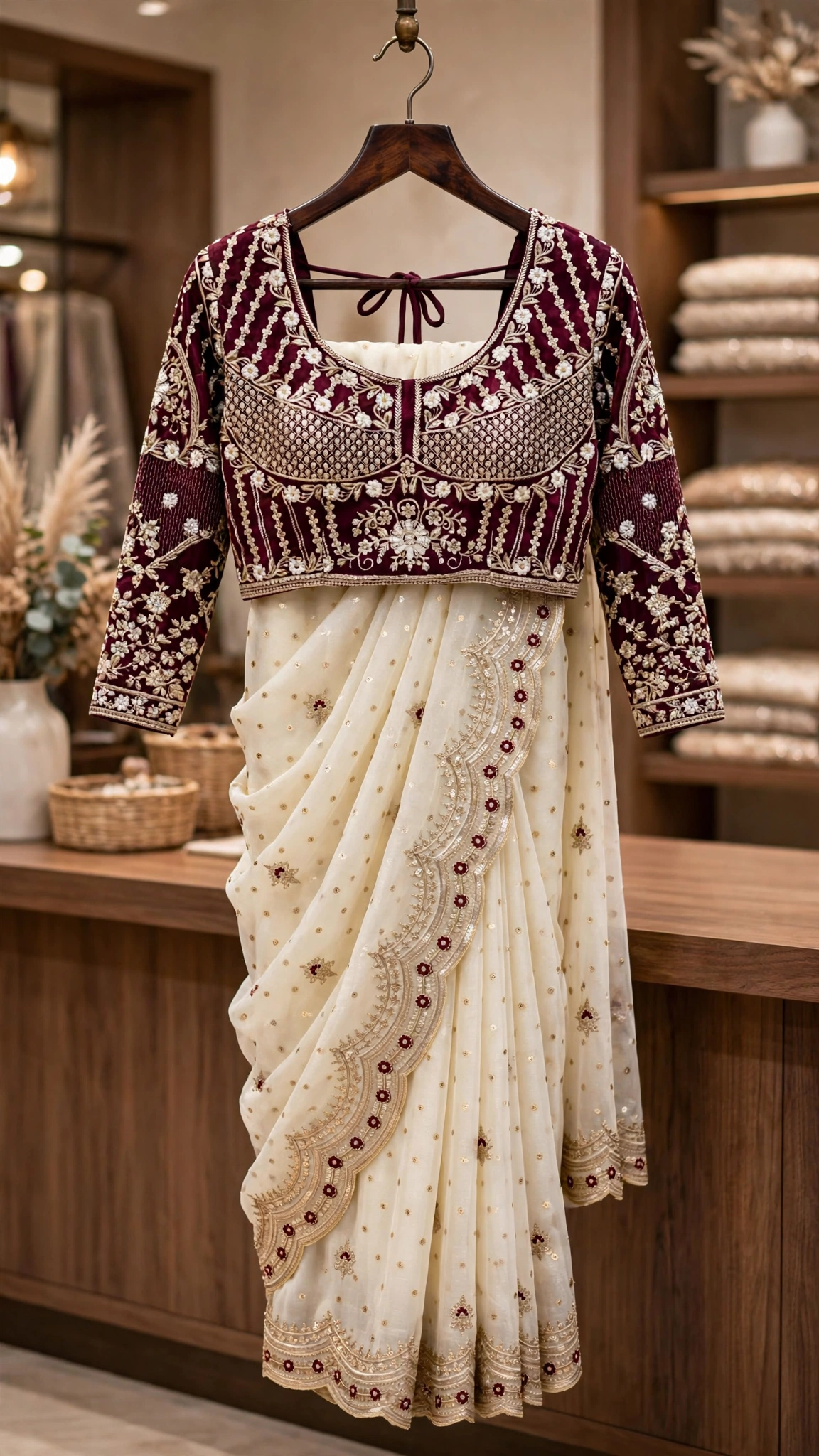 Ivory Embellished Organza Saree with Embroidered Velvet Blouse – Festive Elegance Collection