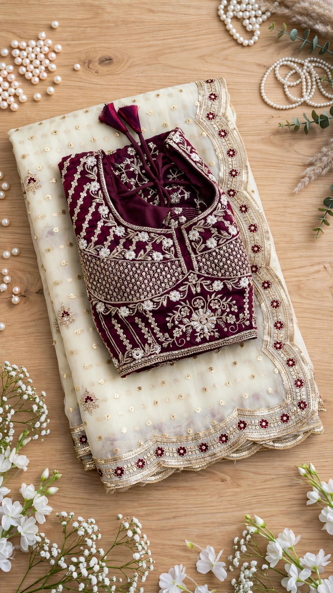 Ivory Embellished Organza Saree with Embroidered Velvet Blouse – Festive Elegance Collection - Image 5
