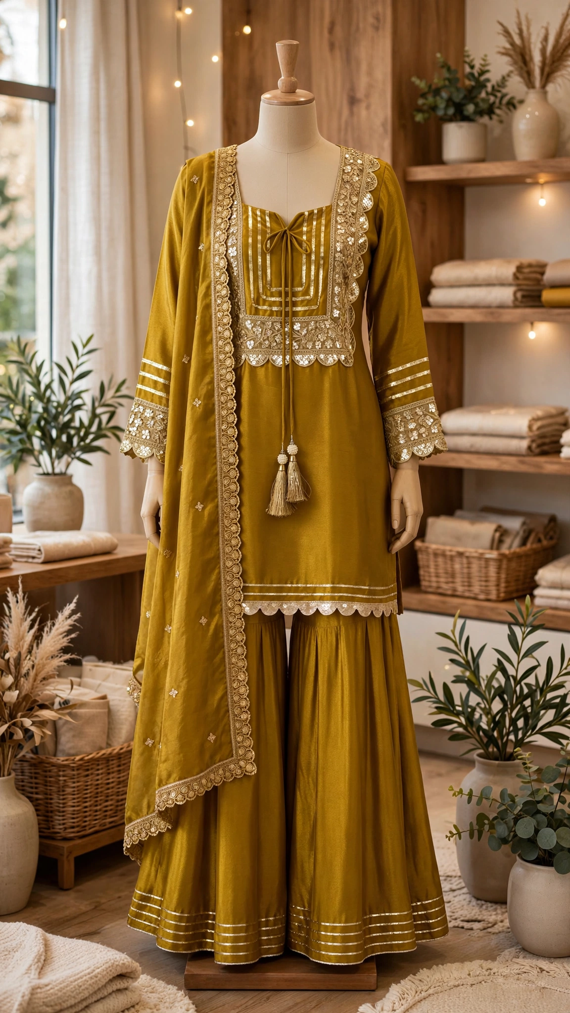 Olive Gold Radiance Embroidered Sharara Set - Image 2