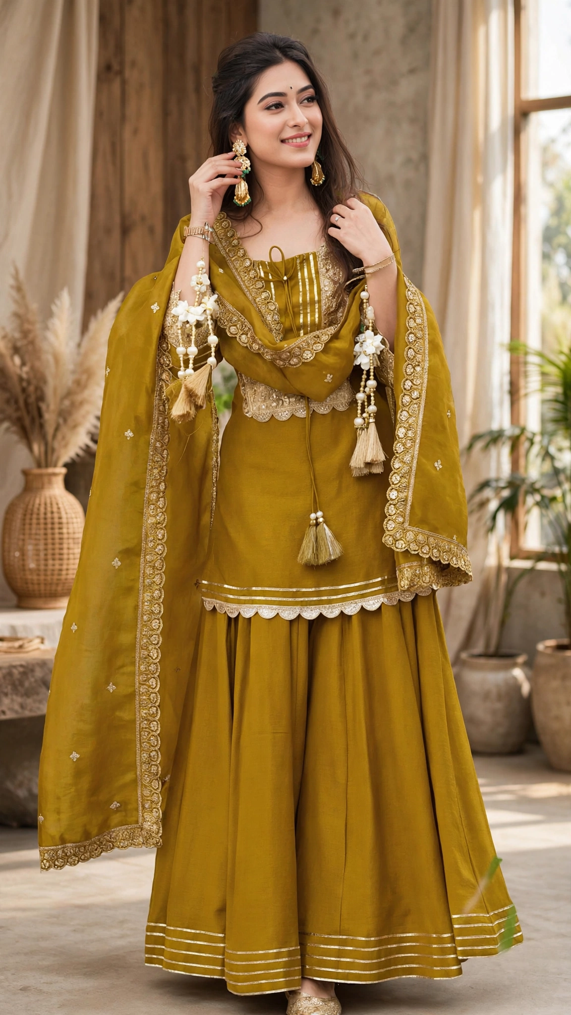 Olive Gold Radiance Embroidered Sharara Set - Image 3