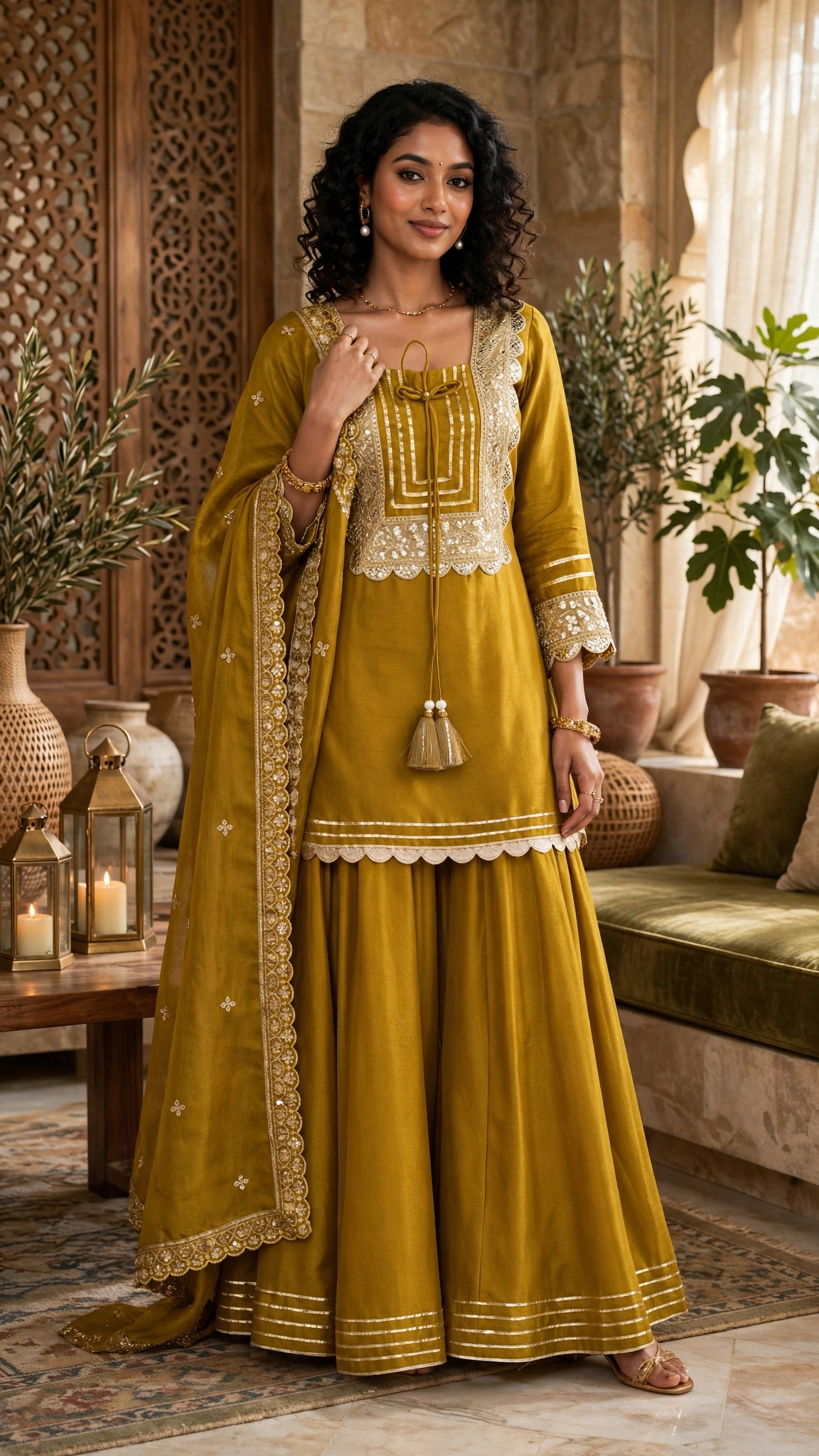 Olive Gold Radiance Embroidered Sharara Set - Image 4
