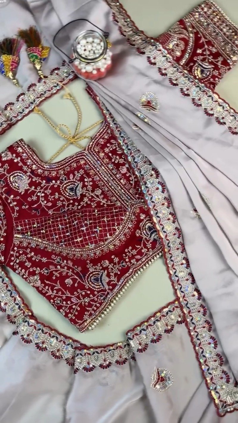 Midnight Crimson Velvet Blouse with Silver Embroidered Saree Set – Available in Classic Crimson & Elegant Silver
