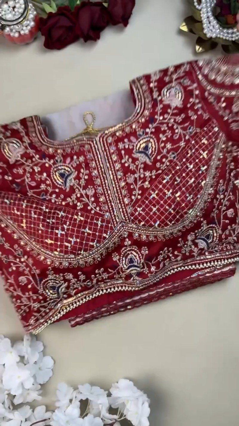 Midnight Crimson Velvet Blouse with Silver Embroidered Saree Set – Available in Classic Crimson & Elegant Silver - Image 2