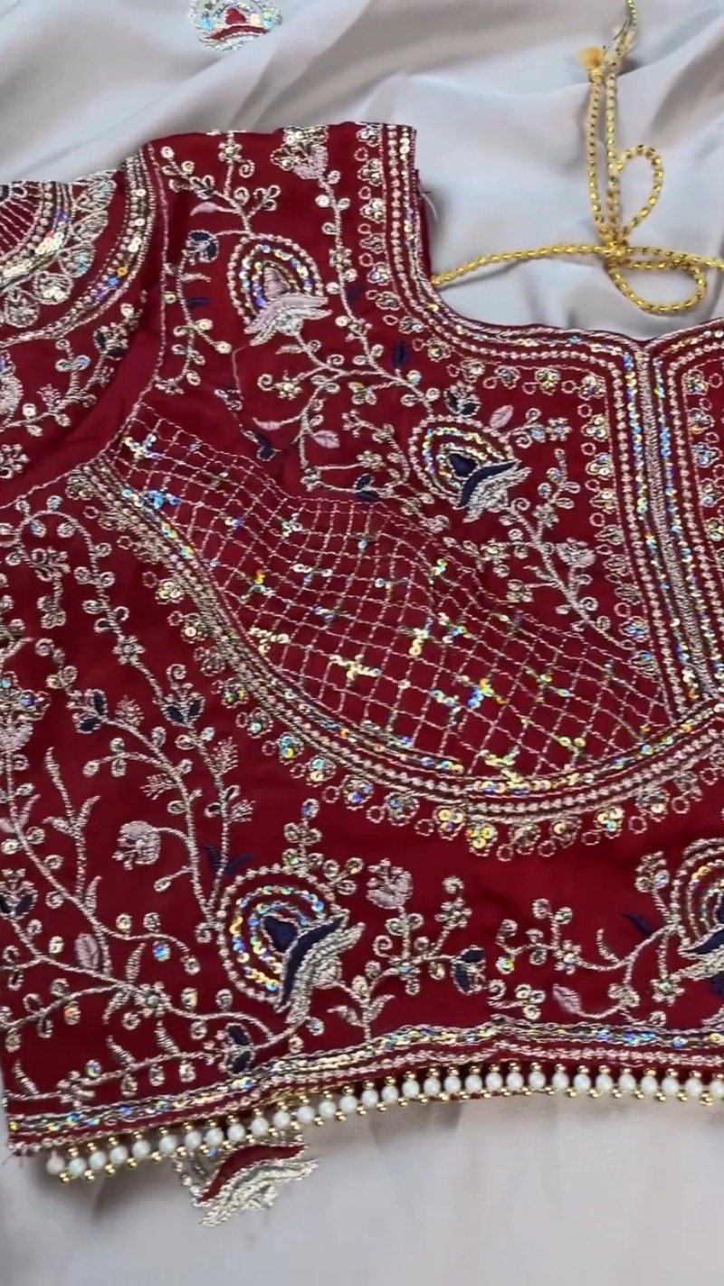Midnight Crimson Velvet Blouse with Silver Embroidered Saree Set – Available in Classic Crimson & Elegant Silver - Image 5