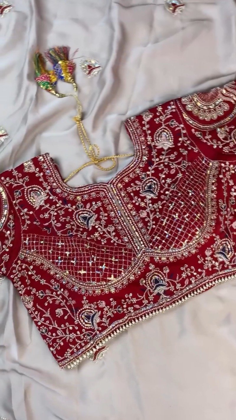 Midnight Crimson Velvet Blouse with Silver Embroidered Saree Set – Available in Classic Crimson & Elegant Silver - Image 6