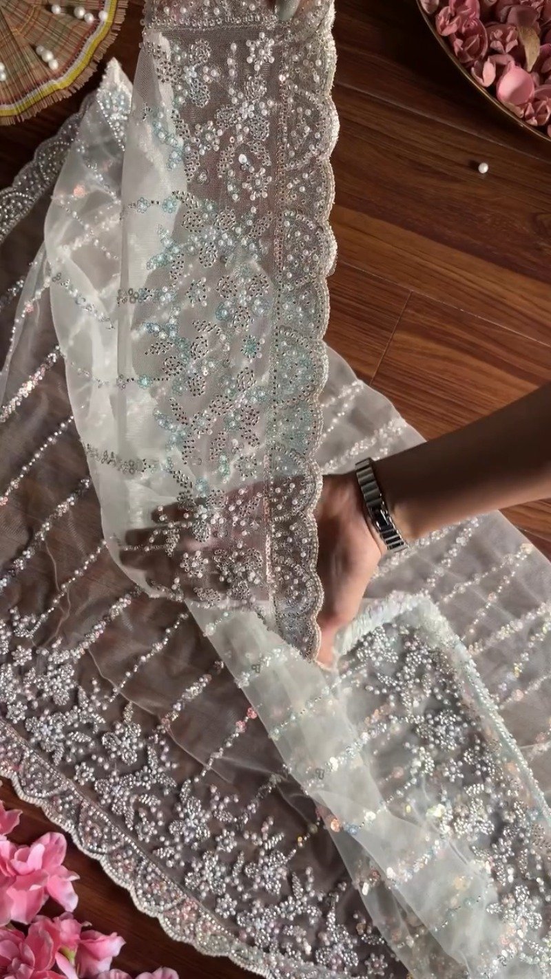Ivory Embellished Net Saree & Padded Blouse Set – Ethereal Elegance Collection - Image 3