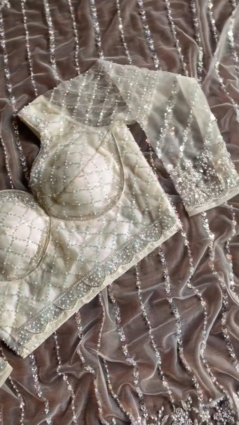Ivory Embellished Net Saree & Padded Blouse Set – Ethereal Elegance Collection - Image 6