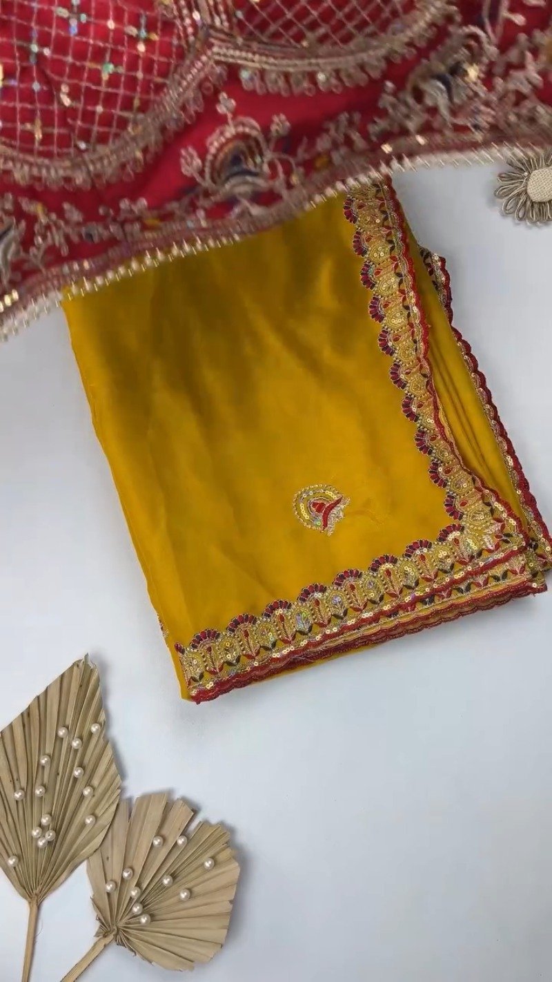Sunshine Radiance Embroidered Saree with Heavily Embellished Blouse – Available in Radiant Yellow & Deep Red