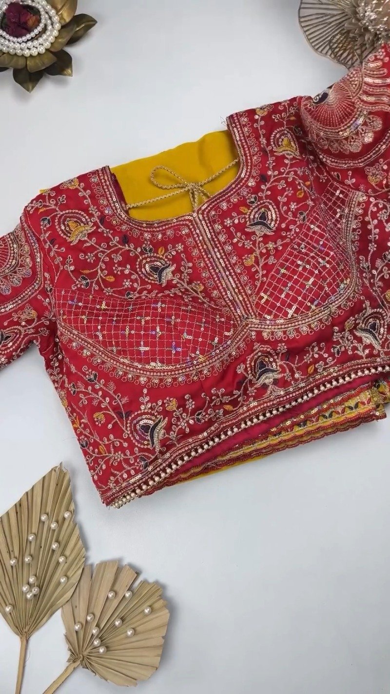 Sunshine Radiance Embroidered Saree with Heavily Embellished Blouse – Available in Radiant Yellow & Deep Red - Image 2