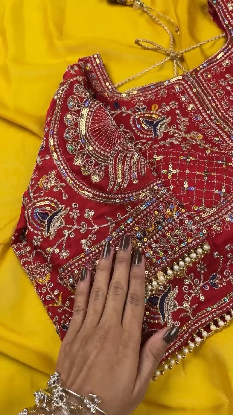 Sunshine Radiance Embroidered Saree with Heavily Embellished Blouse – Available in Radiant Yellow & Deep Red - Image 3