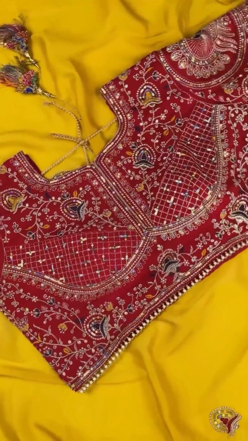 Sunshine Radiance Embroidered Saree with Heavily Embellished Blouse – Available in Radiant Yellow & Deep Red - Image 4