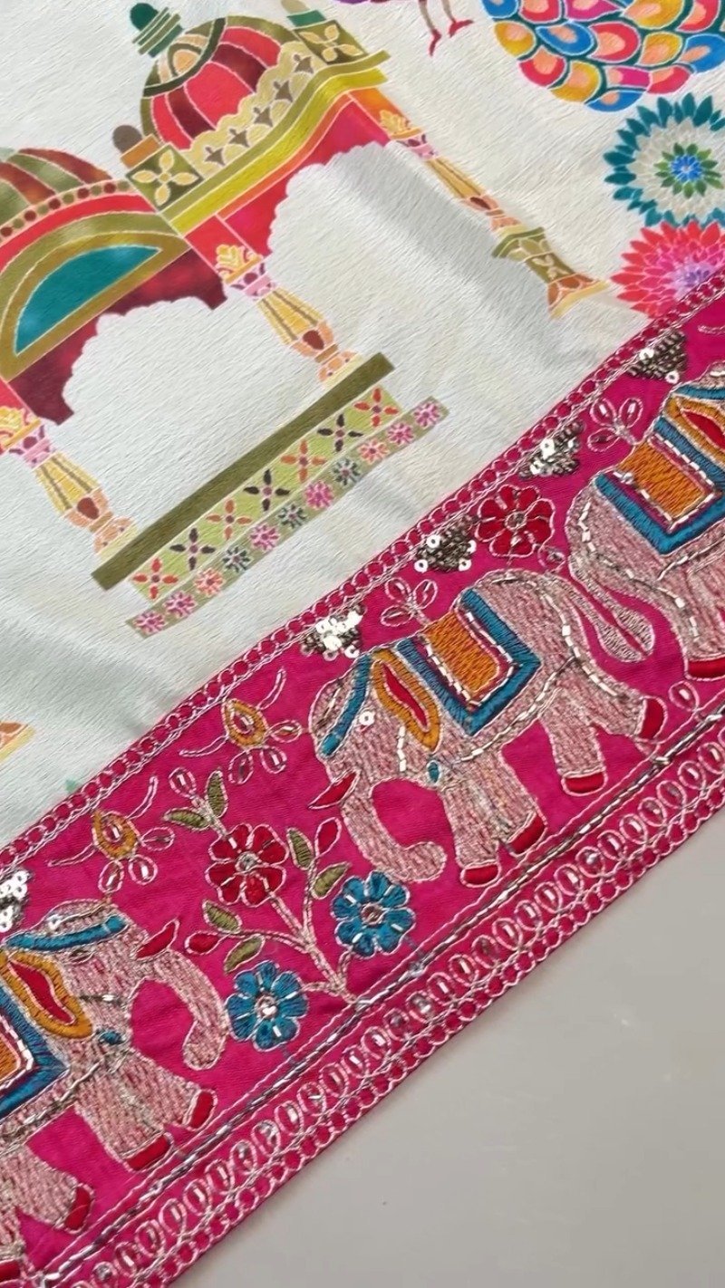 Royal Elephant Motif Embroidered Saree with Heavily Embellished Blouse - Image 4