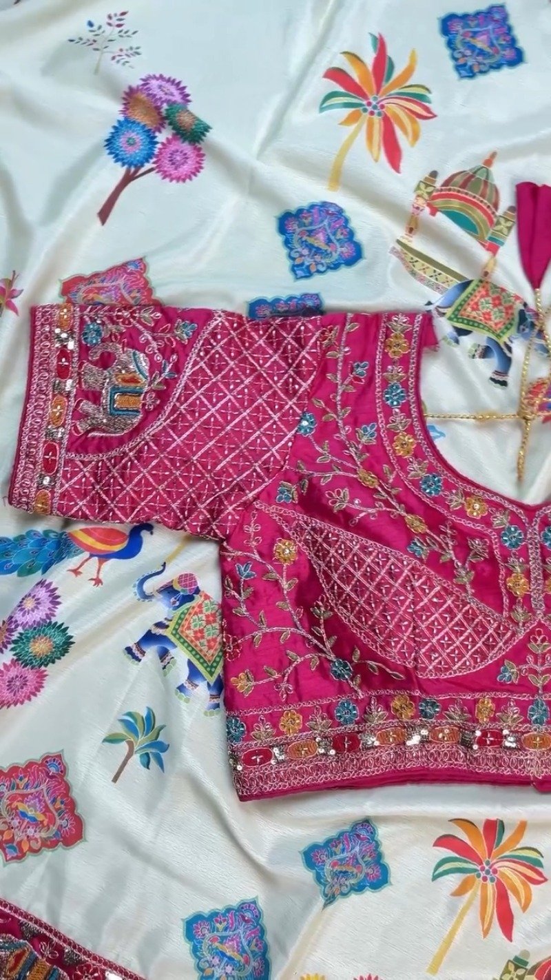 Royal Elephant Motif Embroidered Saree with Heavily Embellished Blouse - Image 5