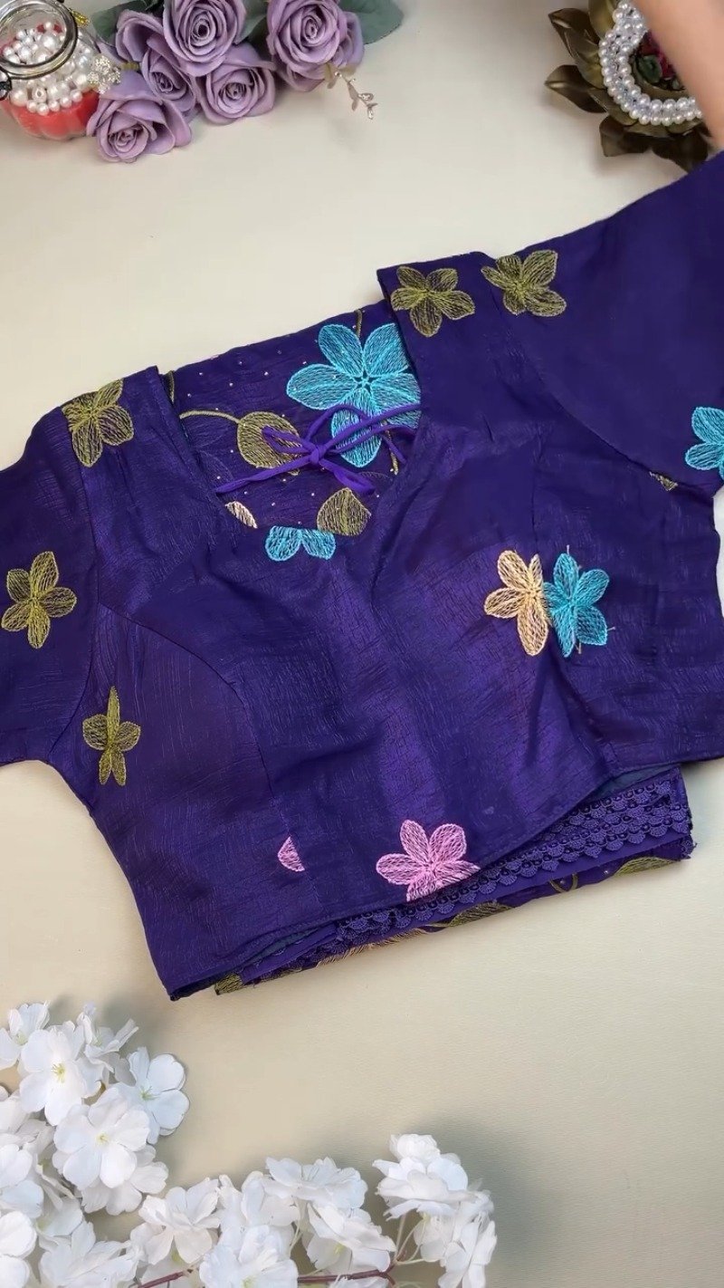 Royal Indigo Embroidered Floral Chiffon Saree with Matching Blouse - Image 3