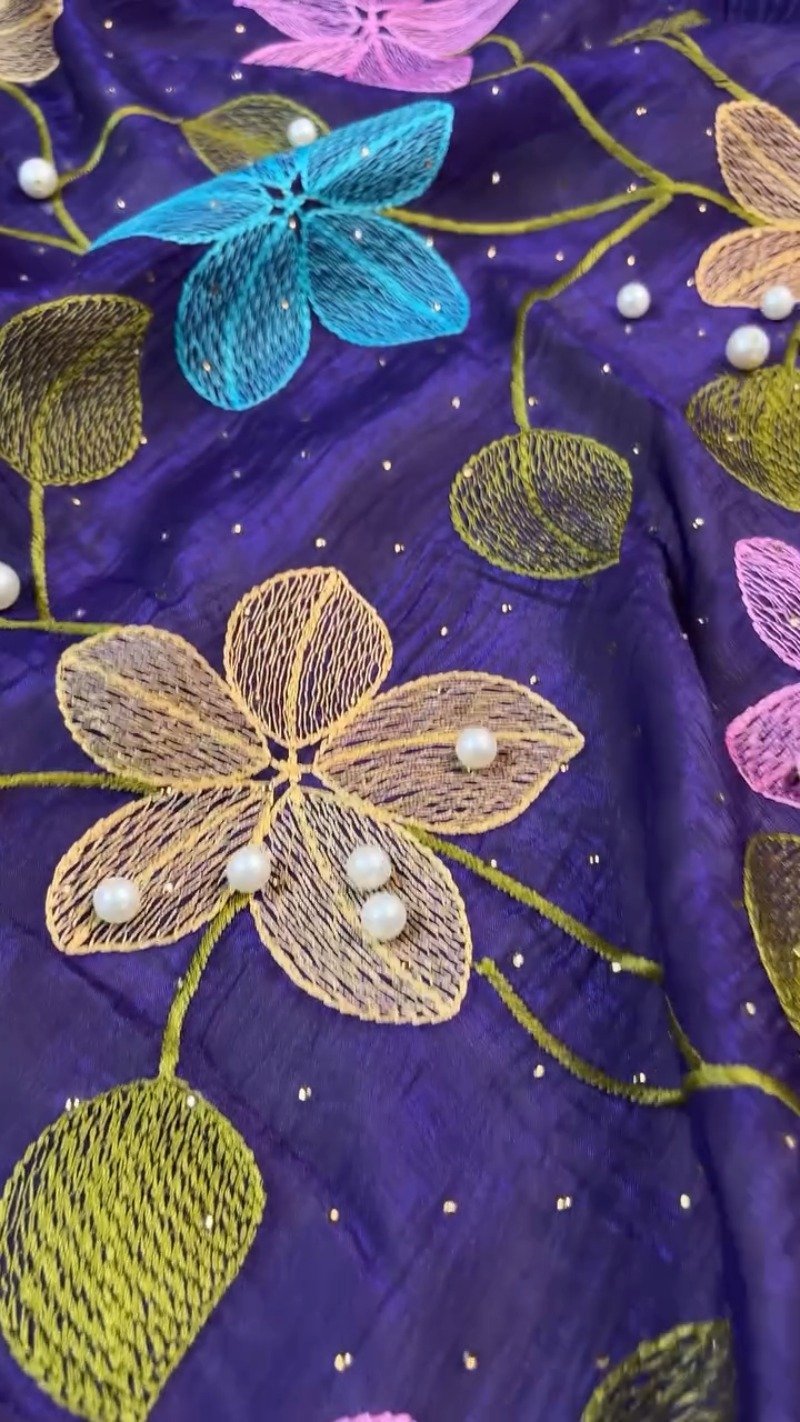 Royal Indigo Embroidered Floral Chiffon Saree with Matching Blouse - Image 5
