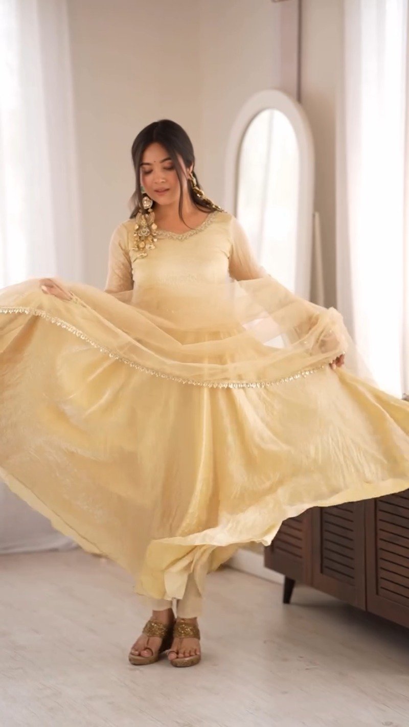 Ethereal Champagne Gold Crushed Silk Anarkali Suit Set – Available in Single Variant