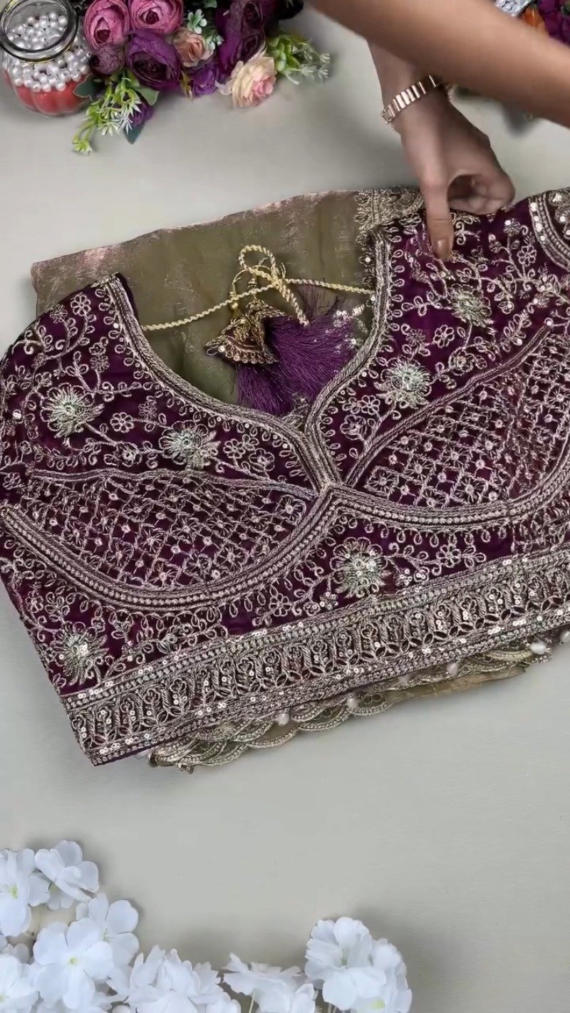 Regal Plum Velvet & Bronze Organza Embellished Saree Set - Image 2
