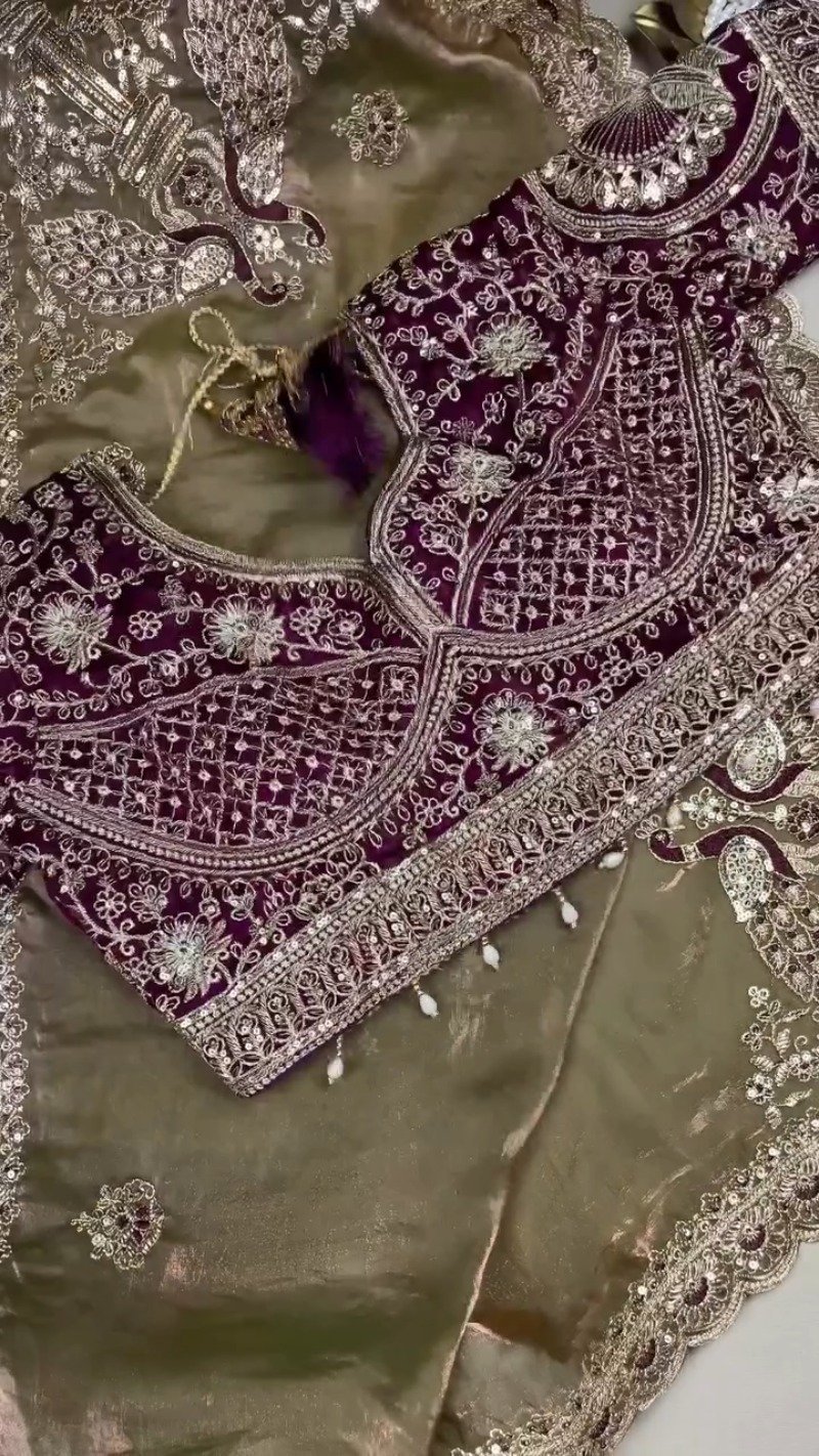 Regal Plum Velvet & Bronze Organza Embellished Saree Set - Image 3