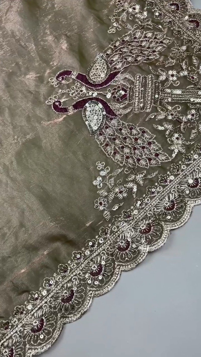 Regal Plum Velvet & Bronze Organza Embellished Saree Set - Image 4