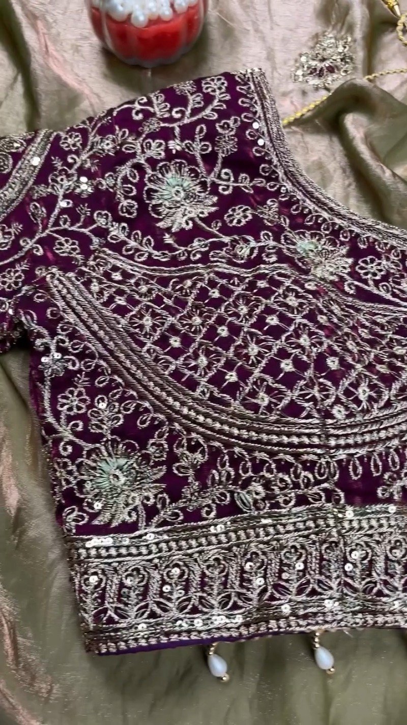 Regal Plum Velvet & Bronze Organza Embellished Saree Set - Image 5