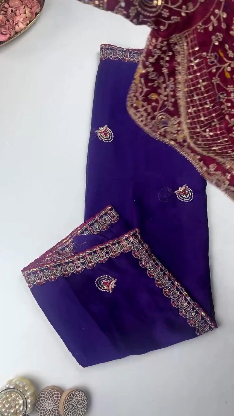 Royal Velvet Embroidered Saree Ensemble – Available in Midnight Blue, Crimson Red, Charcoal Grey, Mustard Yellow, and Champagne Beige - Image 2