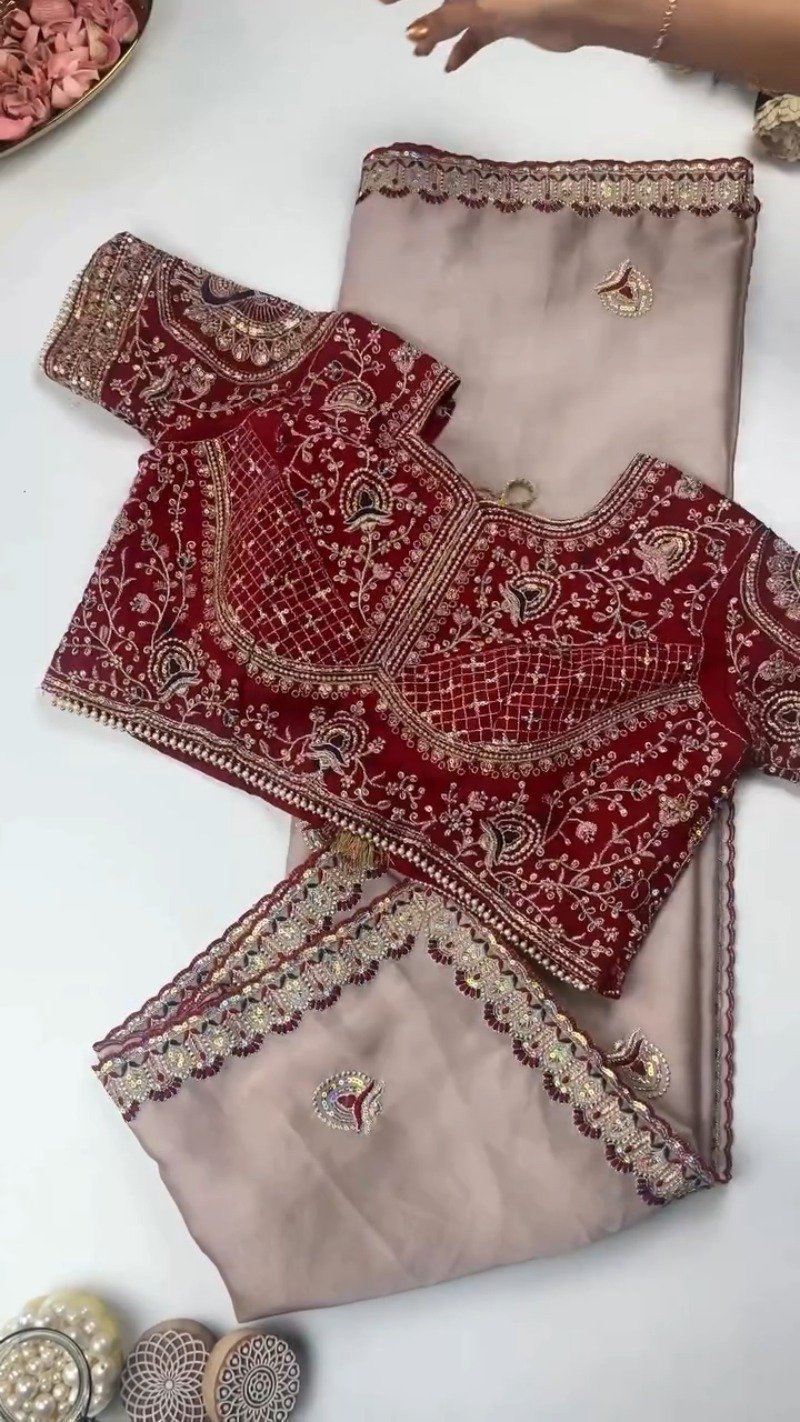 Royal Velvet Embroidered Saree Ensemble – Available in Midnight Blue, Crimson Red, Charcoal Grey, Mustard Yellow, and Champagne Beige - Image 3
