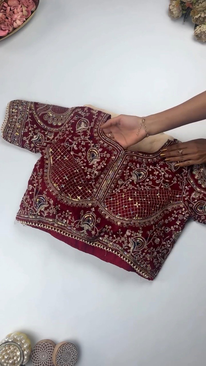 Royal Velvet Embroidered Saree Ensemble – Available in Midnight Blue, Crimson Red, Charcoal Grey, Mustard Yellow, and Champagne Beige - Image 4