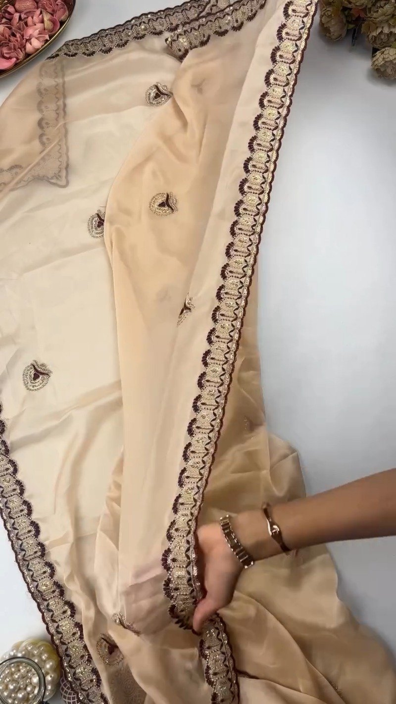 Royal Velvet Embroidered Saree Ensemble – Available in Midnight Blue, Crimson Red, Charcoal Grey, Mustard Yellow, and Champagne Beige - Image 6