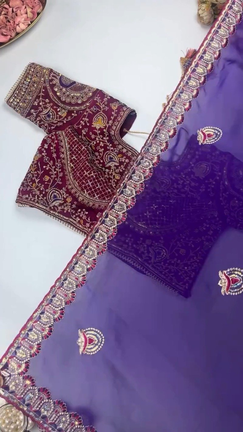 Royal Velvet Embroidered Saree Ensemble – Available in Midnight Blue, Crimson Red, Charcoal Grey, Mustard Yellow, and Champagne Beige - Image 8