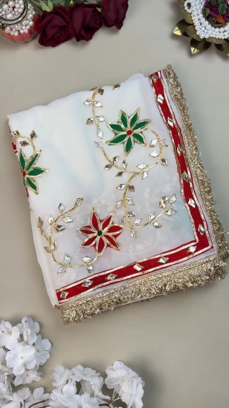 Opulent White Gota Patti Embellished Organza Saree – Available in Emerald Green & Ruby Red Floral Accents