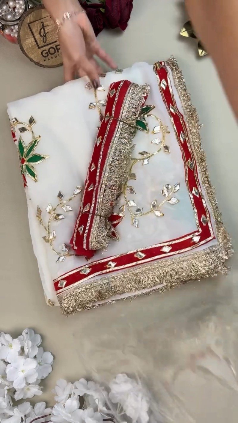 Opulent White Gota Patti Embellished Organza Saree – Available in Emerald Green & Ruby Red Floral Accents - Image 2