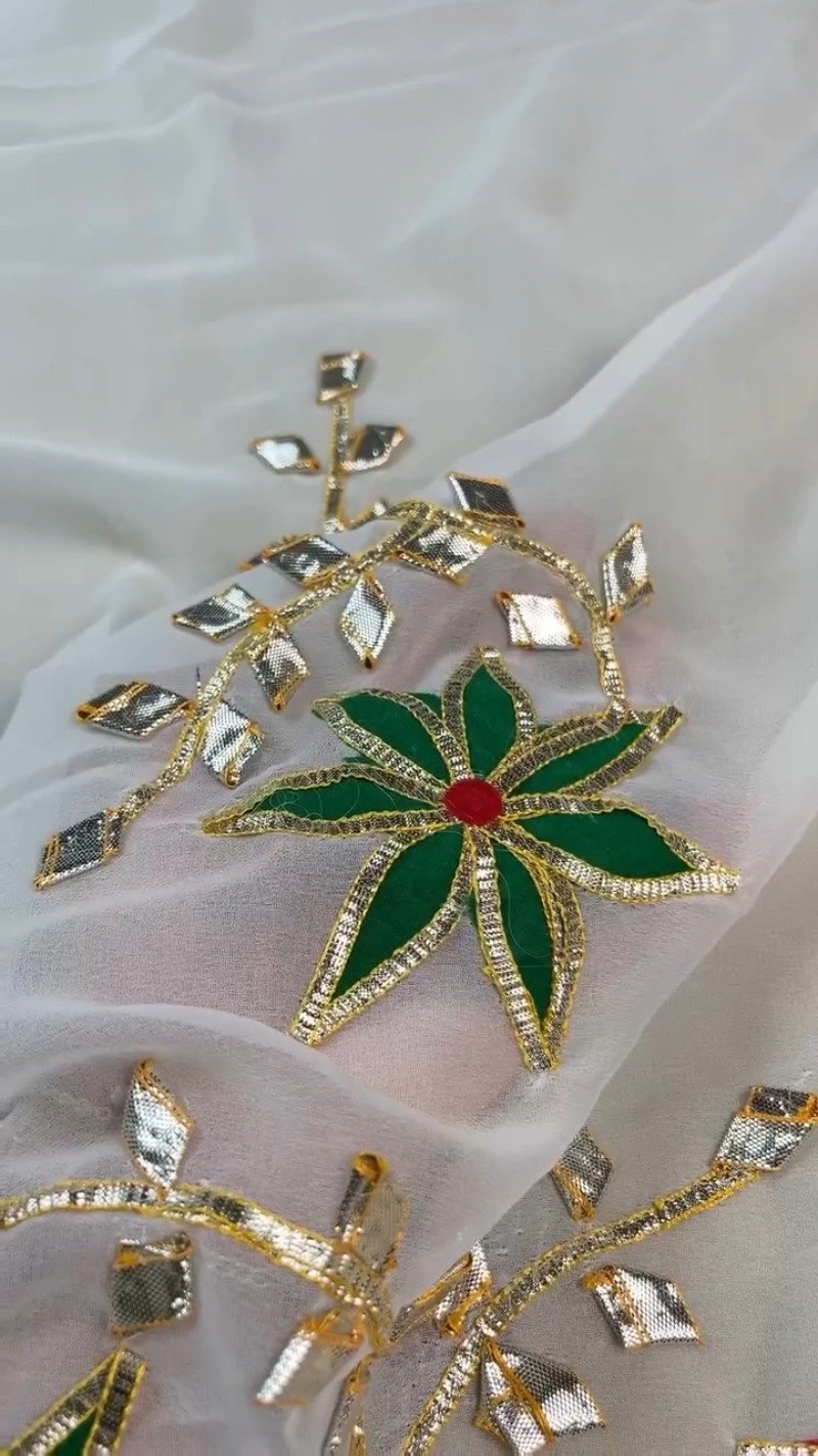 Opulent White Gota Patti Embellished Organza Saree – Available in Emerald Green & Ruby Red Floral Accents - Image 3