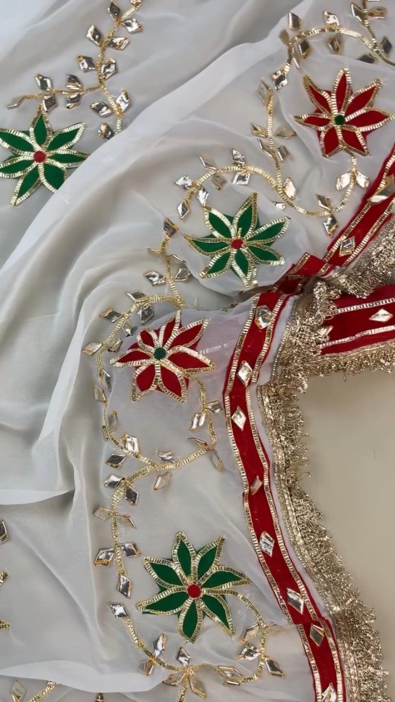 Opulent White Gota Patti Embellished Organza Saree – Available in Emerald Green & Ruby Red Floral Accents - Image 4