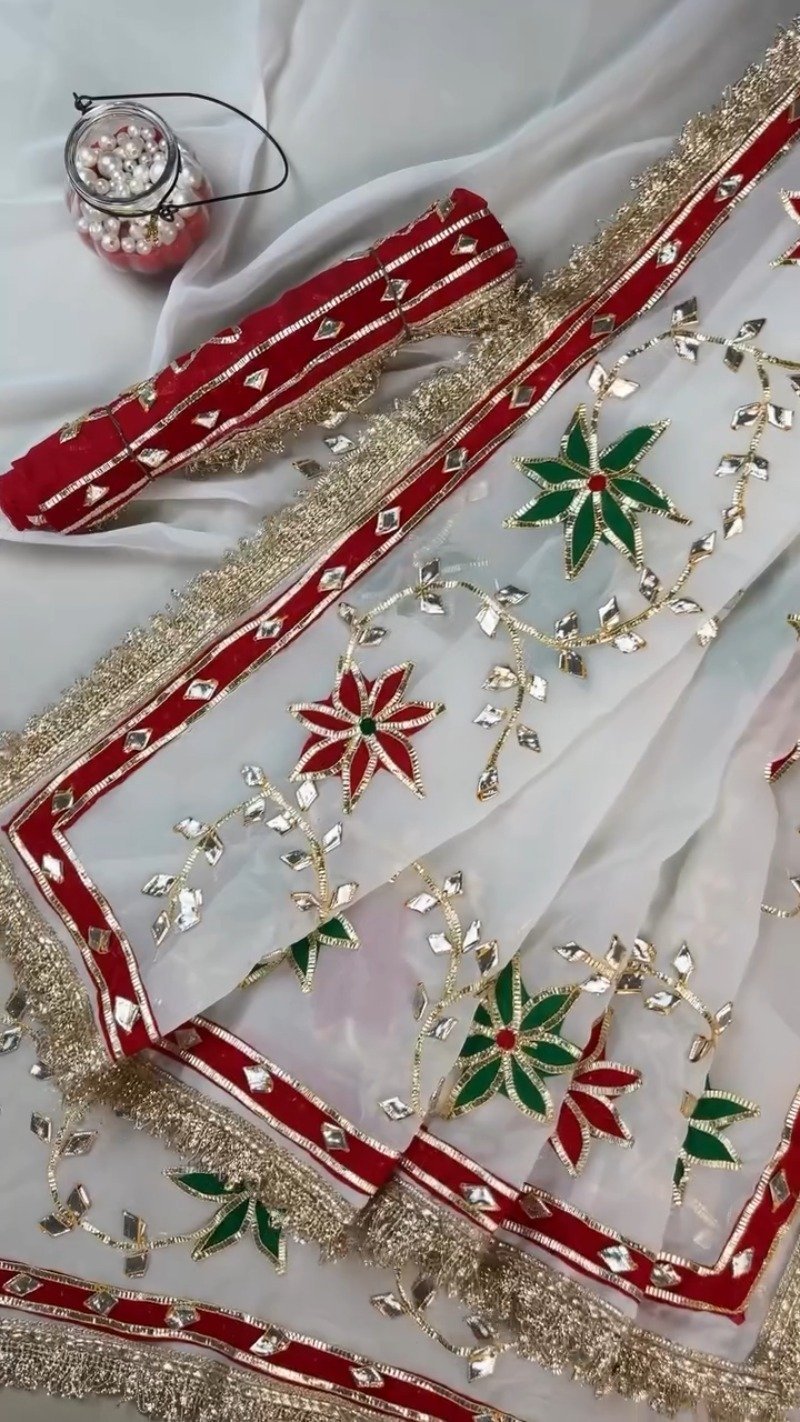Opulent White Gota Patti Embellished Organza Saree – Available in Emerald Green & Ruby Red Floral Accents - Image 5